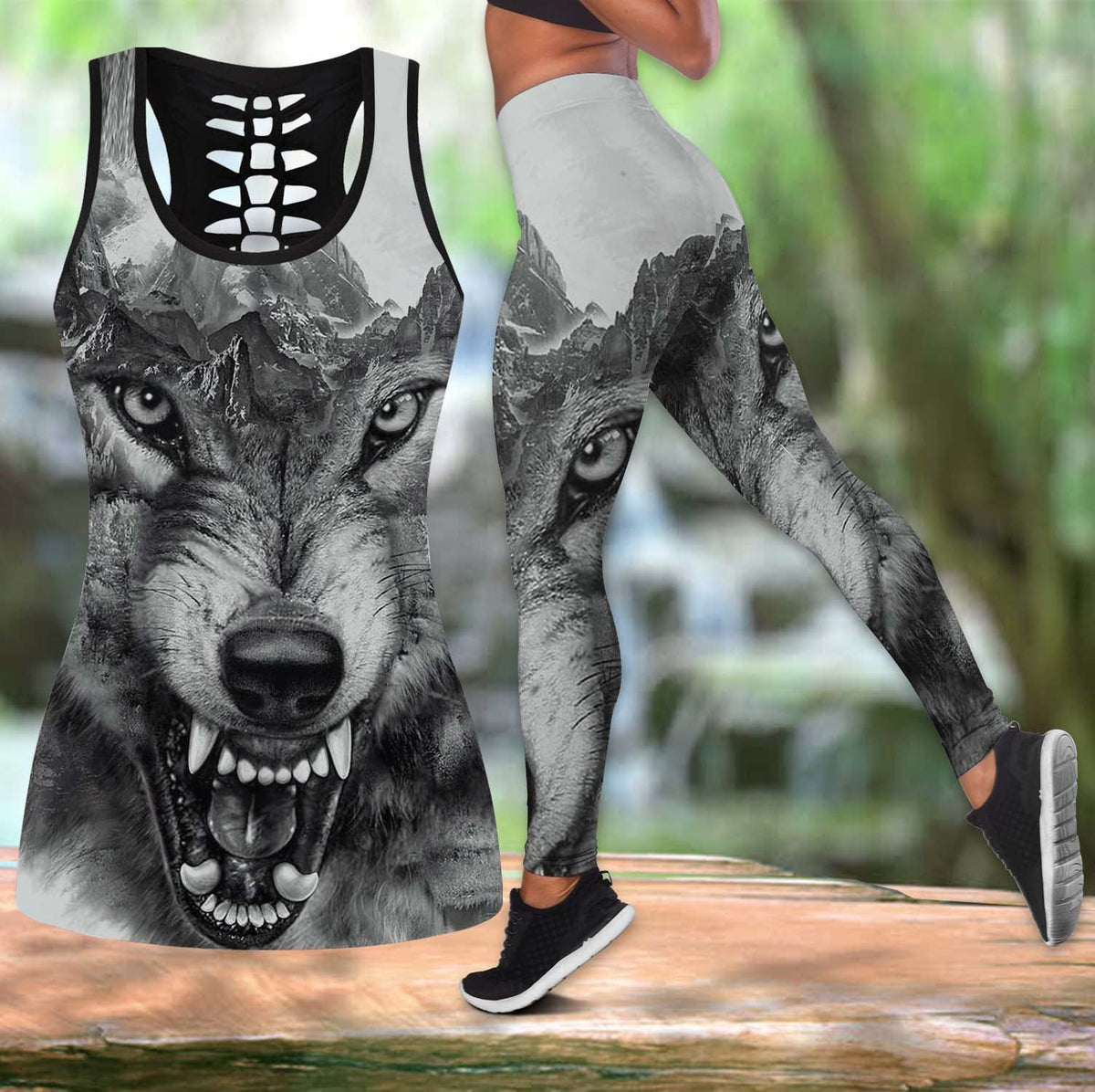 Hollow tank top and leggings set with wolf face print, black and gray