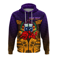 Custom pullover hoodie, purple tribal pattern with hibiscus flowers and crest, front view