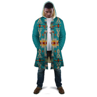 Turquoise tribal print cloak with hood, front view, open front, unisex