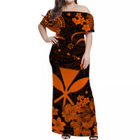 Off-shoulder long dress, orange floral tribal print on black, short sleeves