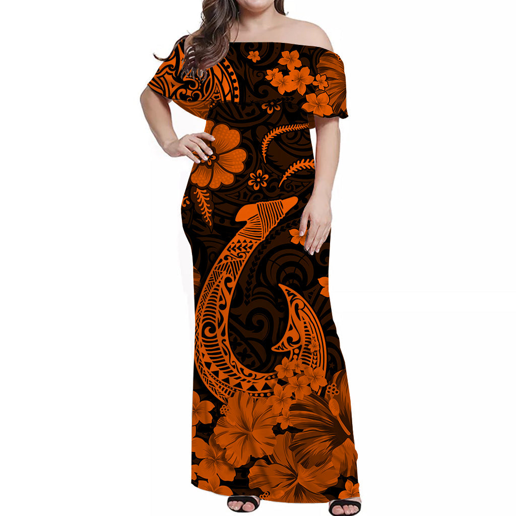 Off-shoulder maxi Hawaiian dress, black with orange floral and fish-hook motif