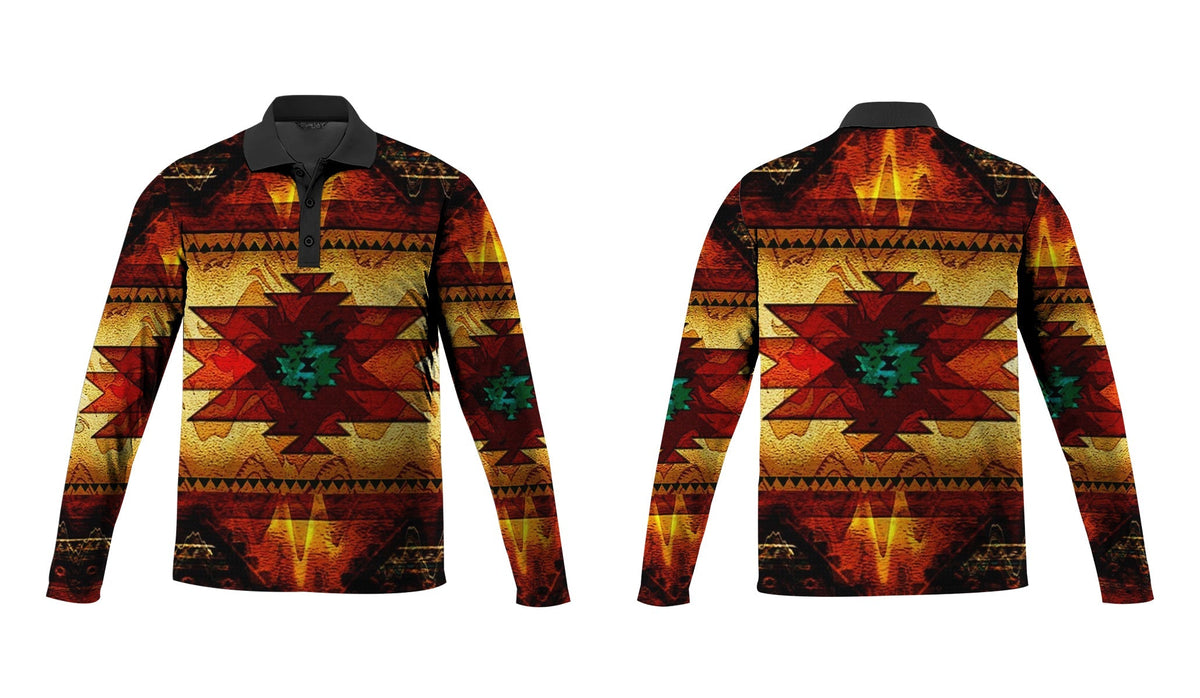 Unisex long sleeve polo with geometric Native American print, dark button placket