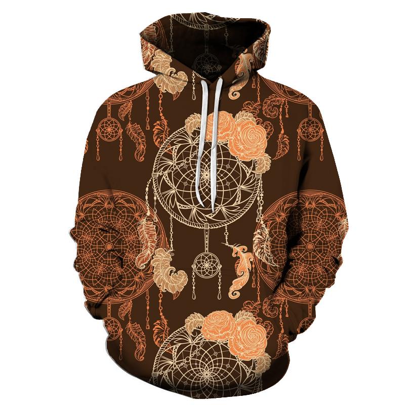All-over pullover hoodie with hood and drawstrings, brown base with dreamcatcher florals