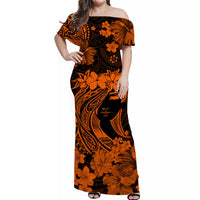 Women’s off-shoulder long dress, orange with black tropical floral pattern