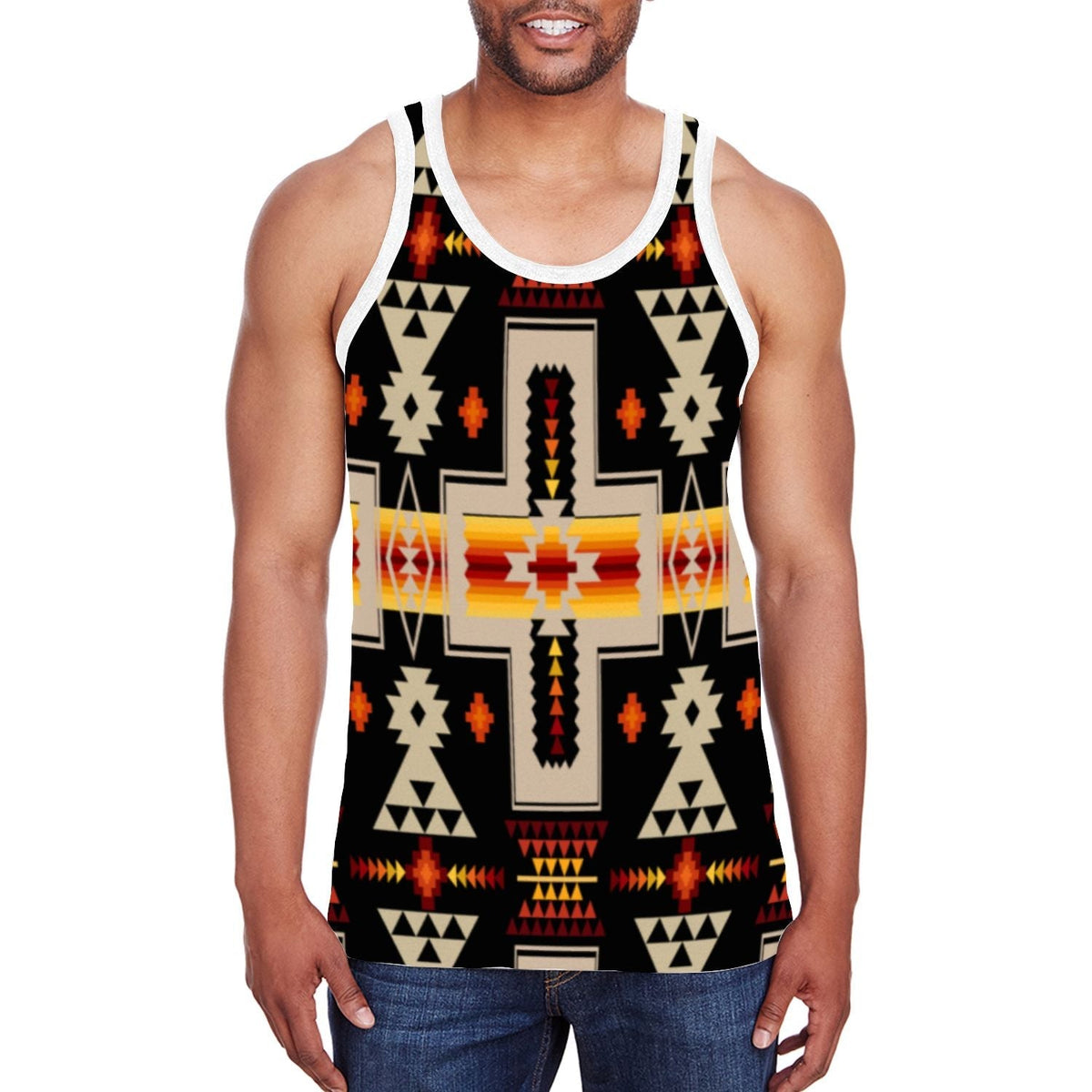 Black sleeveless tank top with multicolor geometric Native-inspired cross and icons