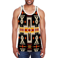 Black sleeveless tank top with multicolor geometric Native-inspired cross and icons