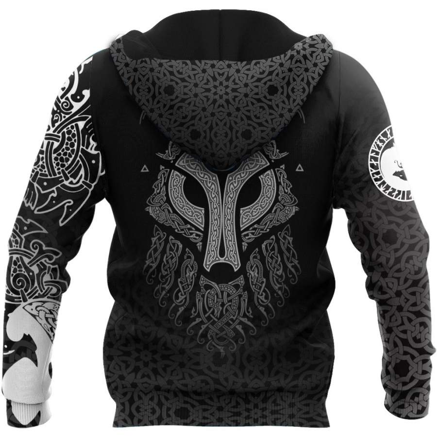 Black hoodie back view with Celtic wolf graphic and braided knot pattern; hood visible