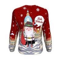 Red unisex sweatshirt rear view with snowflakes and “Frohe Weihnachten” speech bubble graphic