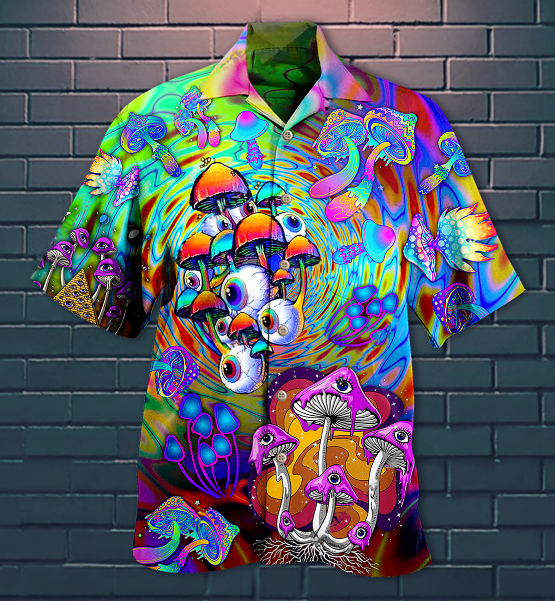 Colorful short-sleeve button-up Hawaiian shirt with psychedelic mushrooms and animal faces print