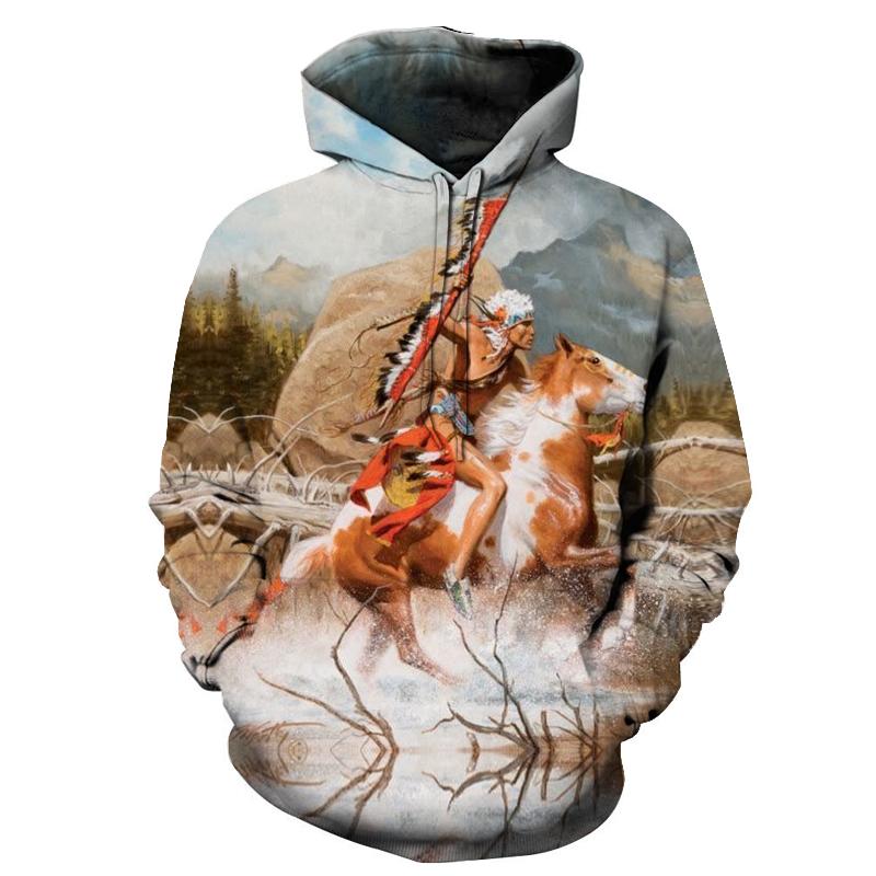 Native American all-over pullover hoodie with chief riding horseback graphic