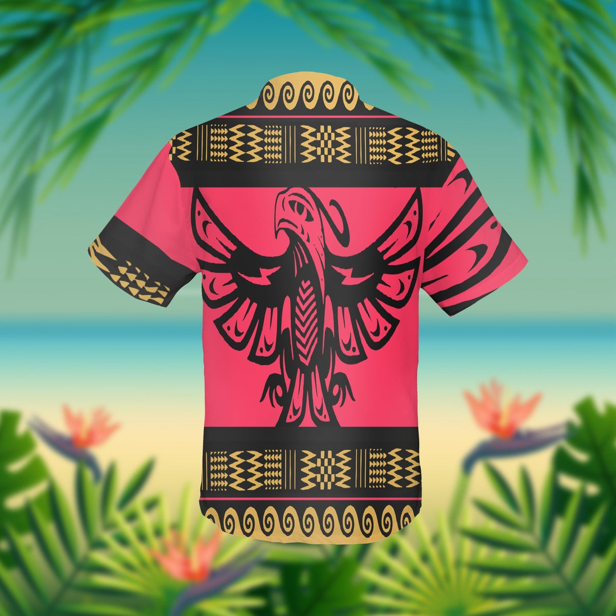 Pink Hawaiian shirt with black phoenix 3D print, back view, patterned collar