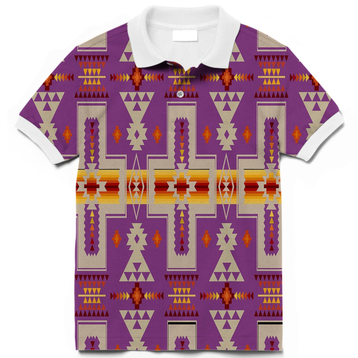 Light purple polo with Native geometric tribal 3D print, white collar