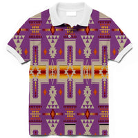 Light purple polo with Native geometric tribal 3D print, white collar