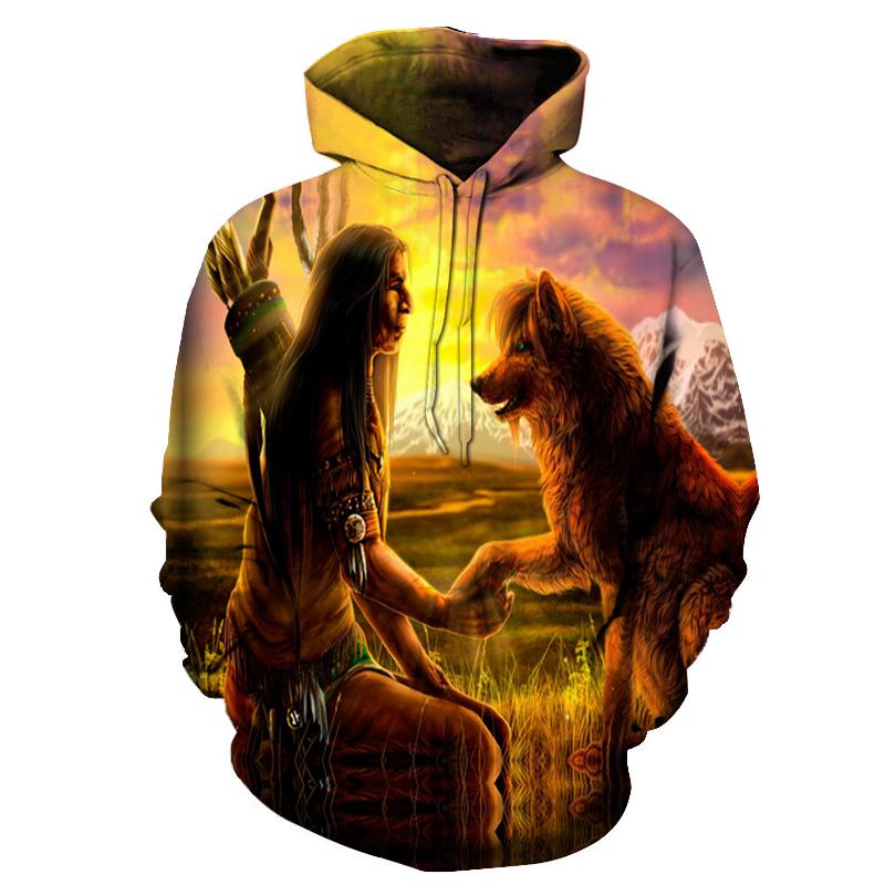 Colorful all-over print pullover hoodie with hood, pouch, and wolf & Native scene