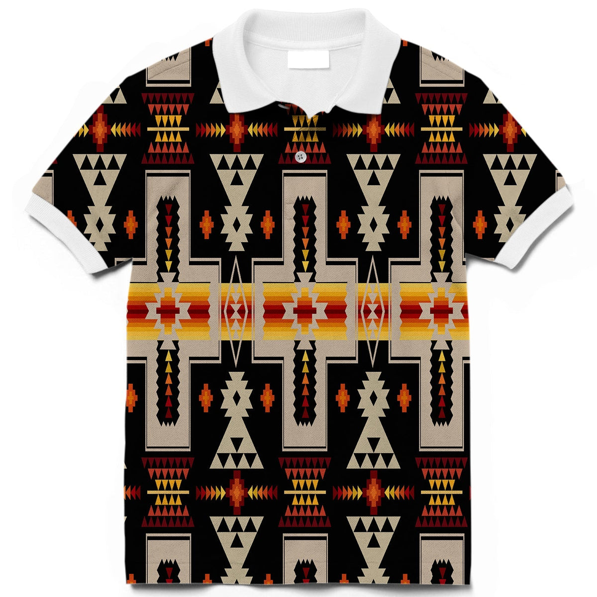 Black 3D Native polo shirt with geometric tribal pattern, short sleeves