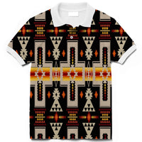 Black 3D Native polo shirt with geometric tribal pattern, short sleeves