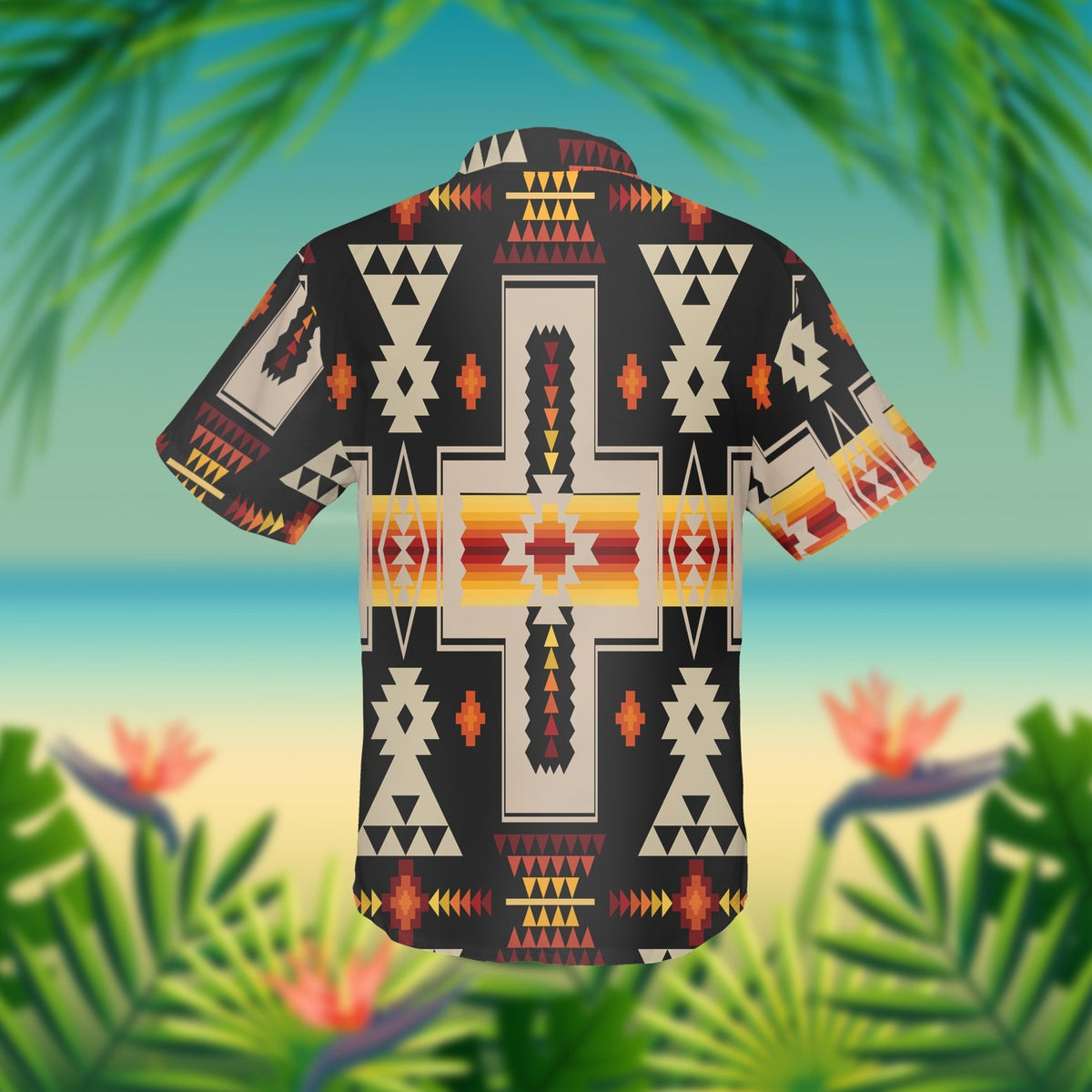 Black Hawaiian shirt back view with large tribal pattern and cross motif print, short sleeves