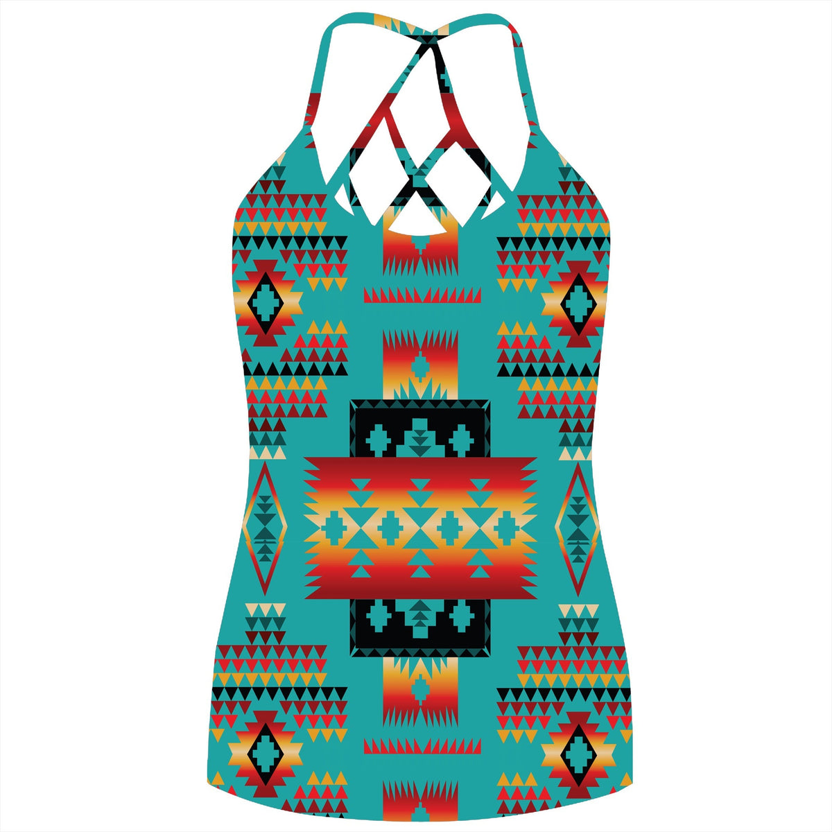 Criss-cross back tank top with multicolor Native-style tribal pattern