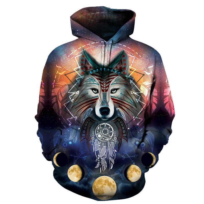 Galaxy wolf pullover hoodie with moon and dreamcatcher-style graphic, multicolor