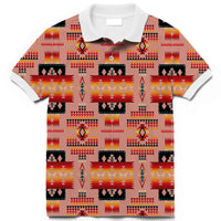 Adult tan patterned polo shirt with native-inspired geometric motif, short sleeves