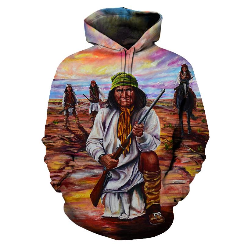 Native American 3D pullover hoodie, multicolor graphic of Geronimo holding rifle