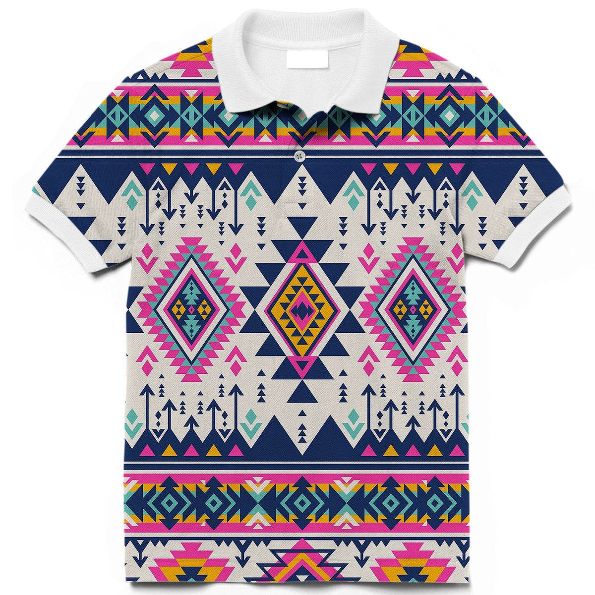 Multicolor Native American patterned polo shirt with short sleeves and button collar
