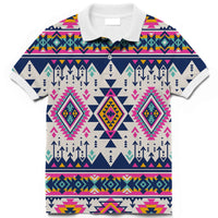 Multicolor Native American patterned polo shirt with short sleeves and button collar