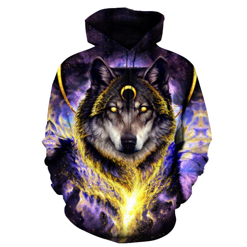 Galaxy wolf pullover hoodie with purple-blue nebula print and detailed wolf face