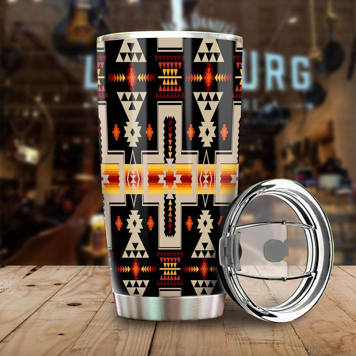 Black 20oz tumbler with multicolor Native-inspired geometric pattern, open stainless lid