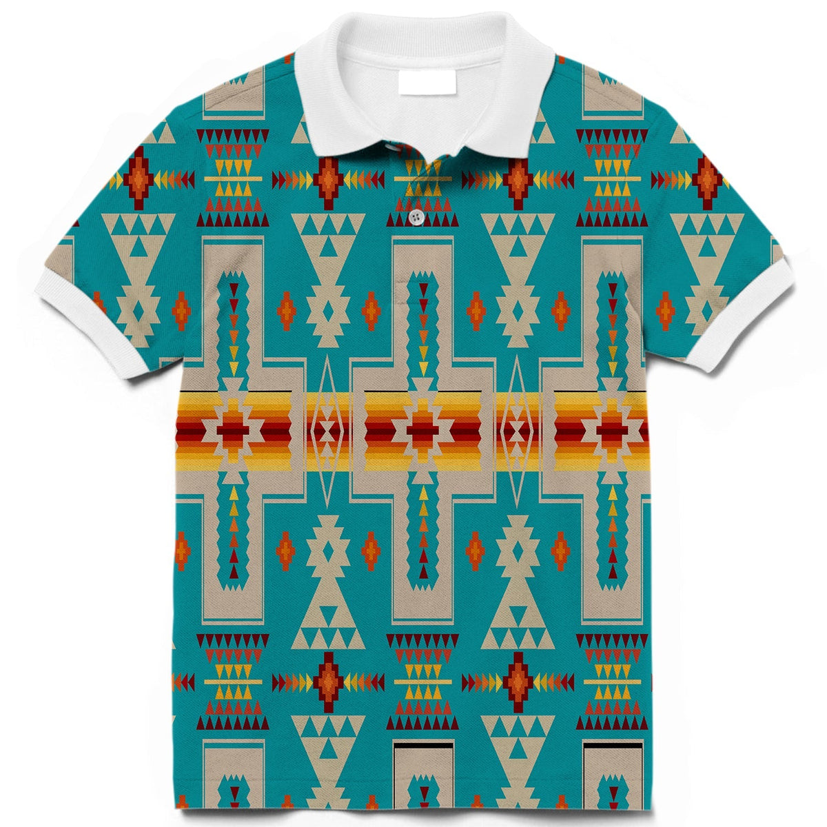 Turquoise polo with Native geometric pattern and white buttoned collar