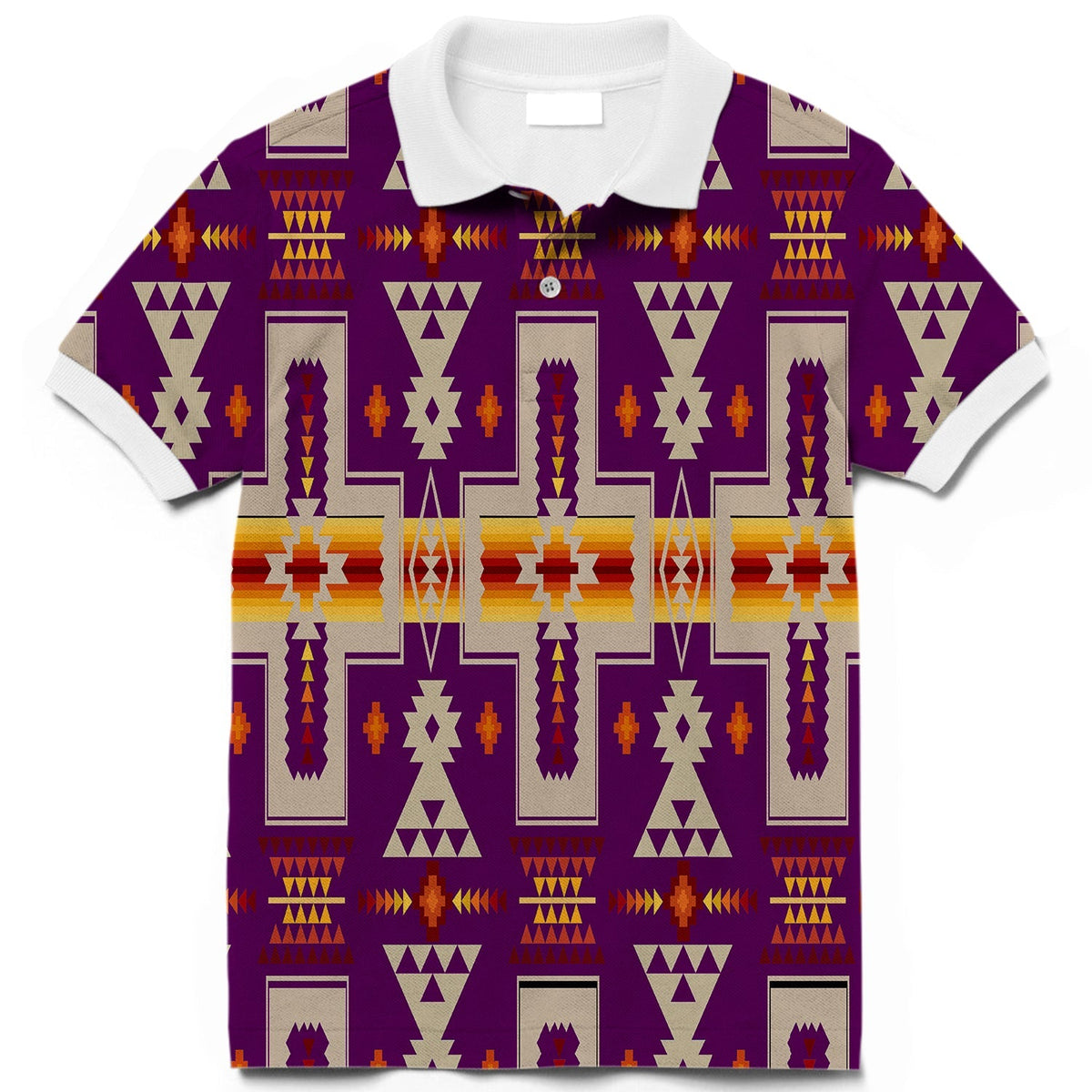 Purple polo shirt with geometric Native-style pattern, white collar and placket