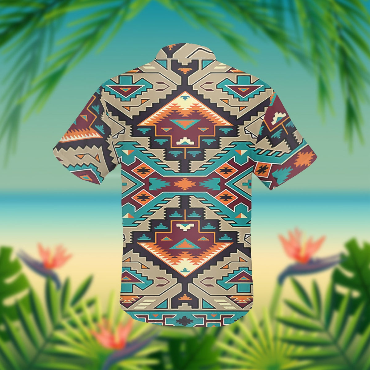 Short-sleeve button-up Hawaiian shirt with multicolor geometric Native-inspired 3D pattern