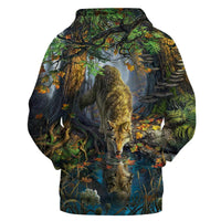 Multicolor wolf in forest all-over print pullover hoodie, front view