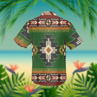 Unisex Hawaiian shirt, green with back geometric emblem and tribal band print