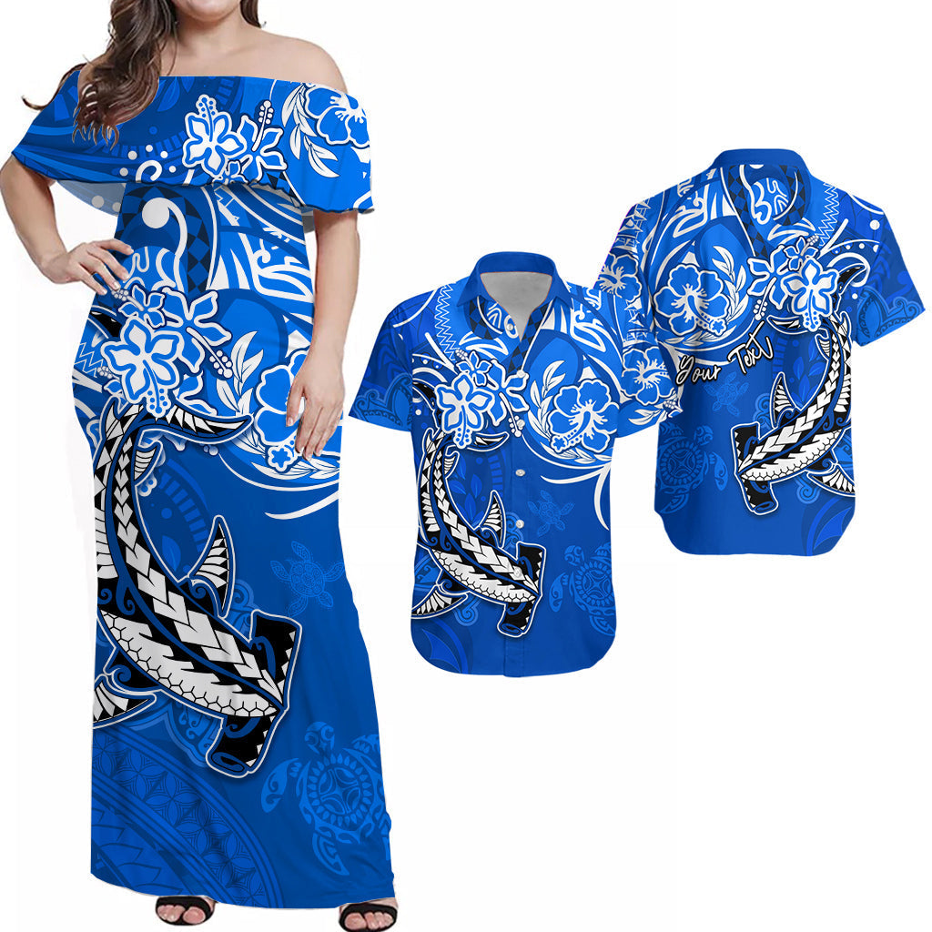Blue off-shoulder maxi dress with white tiki shark and turtle print, short sleeves