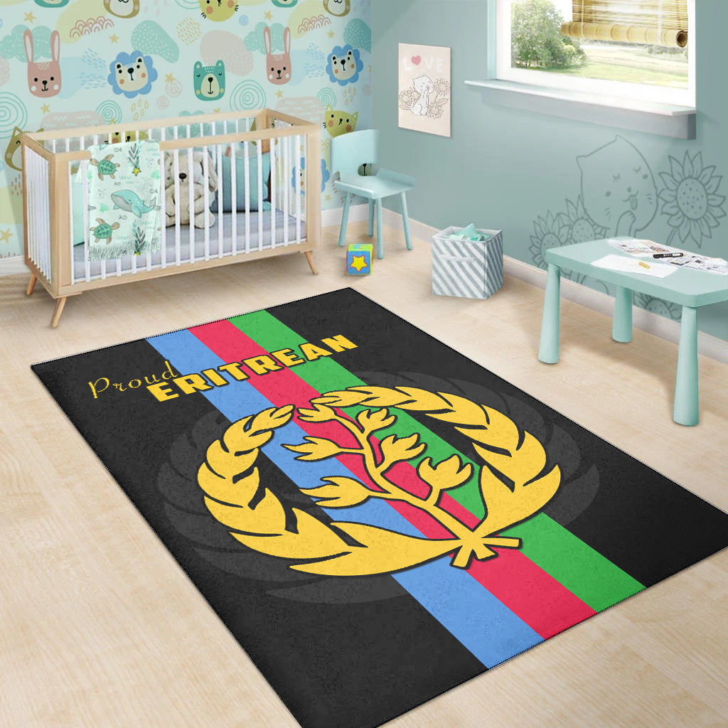 Black Eritrean-themed area rug with lion-and-tree emblem and rainbow stripe bands