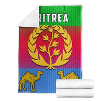 Eritrea flag blanket folded with ERITREA title, gold tree emblem and camel designs on stripes