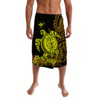 Lavalava sarong skirt, black with neon yellow-green sea turtle and floral print