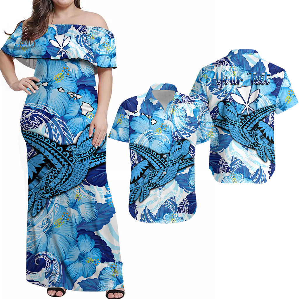 Blue off-shoulder maxi dress with turtle, hibiscus, and Polynesian swirl prints