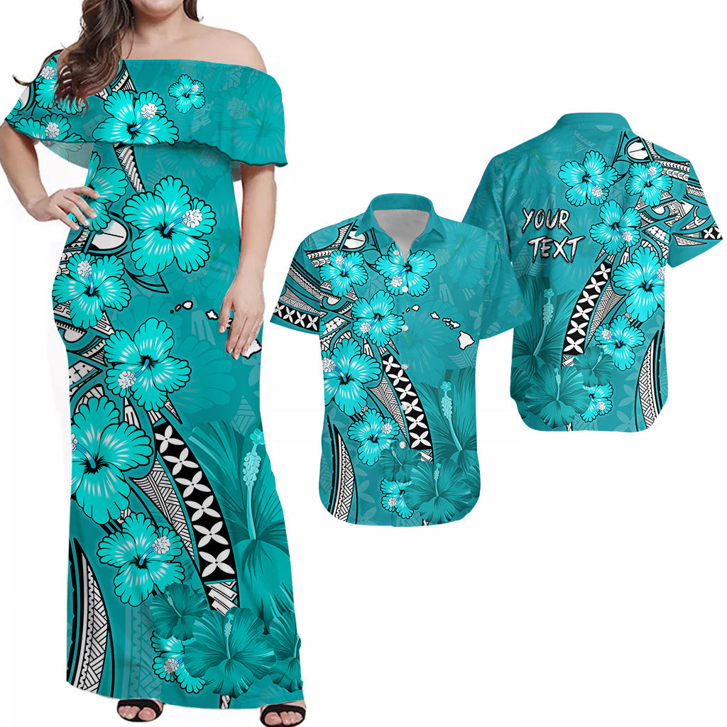 Turquoise off-shoulder maxi dress with hibiscus and map print, side slit, your text