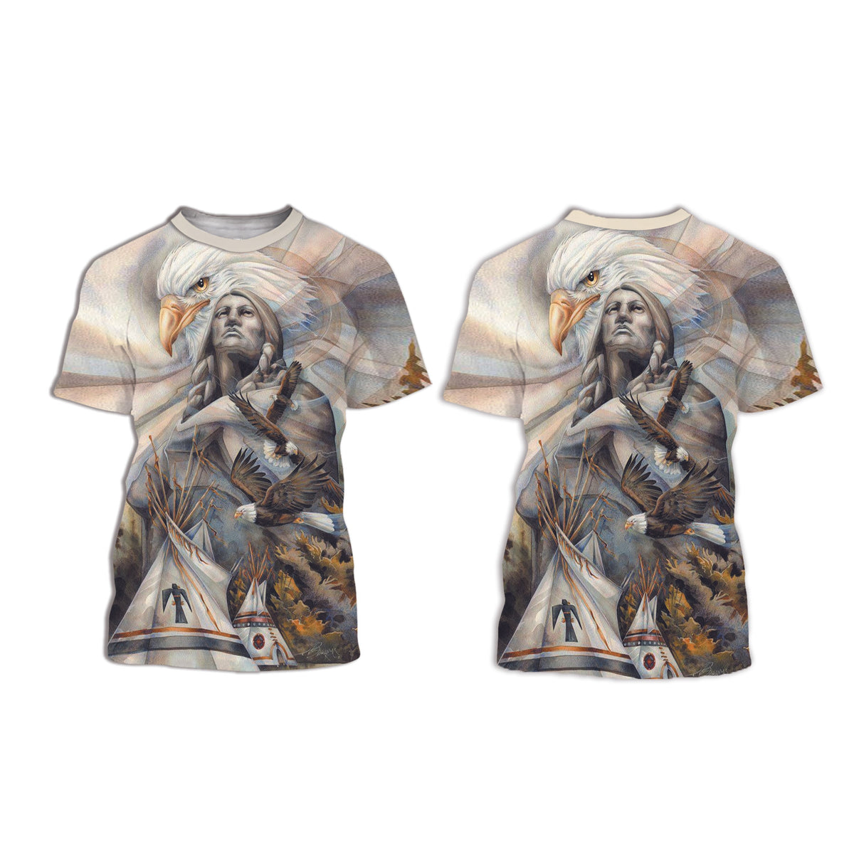 Multicolor 3D Native American chief and eagle graphic T‑shirt with crew neck