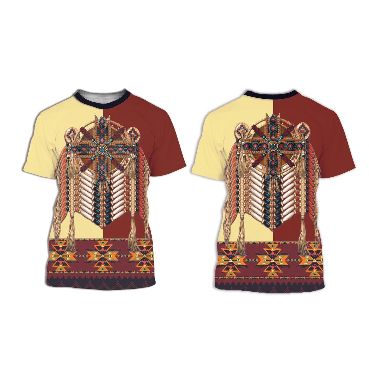 Maroon Native American mandala 3D T-shirt with central tribal beadwork and geometric hem