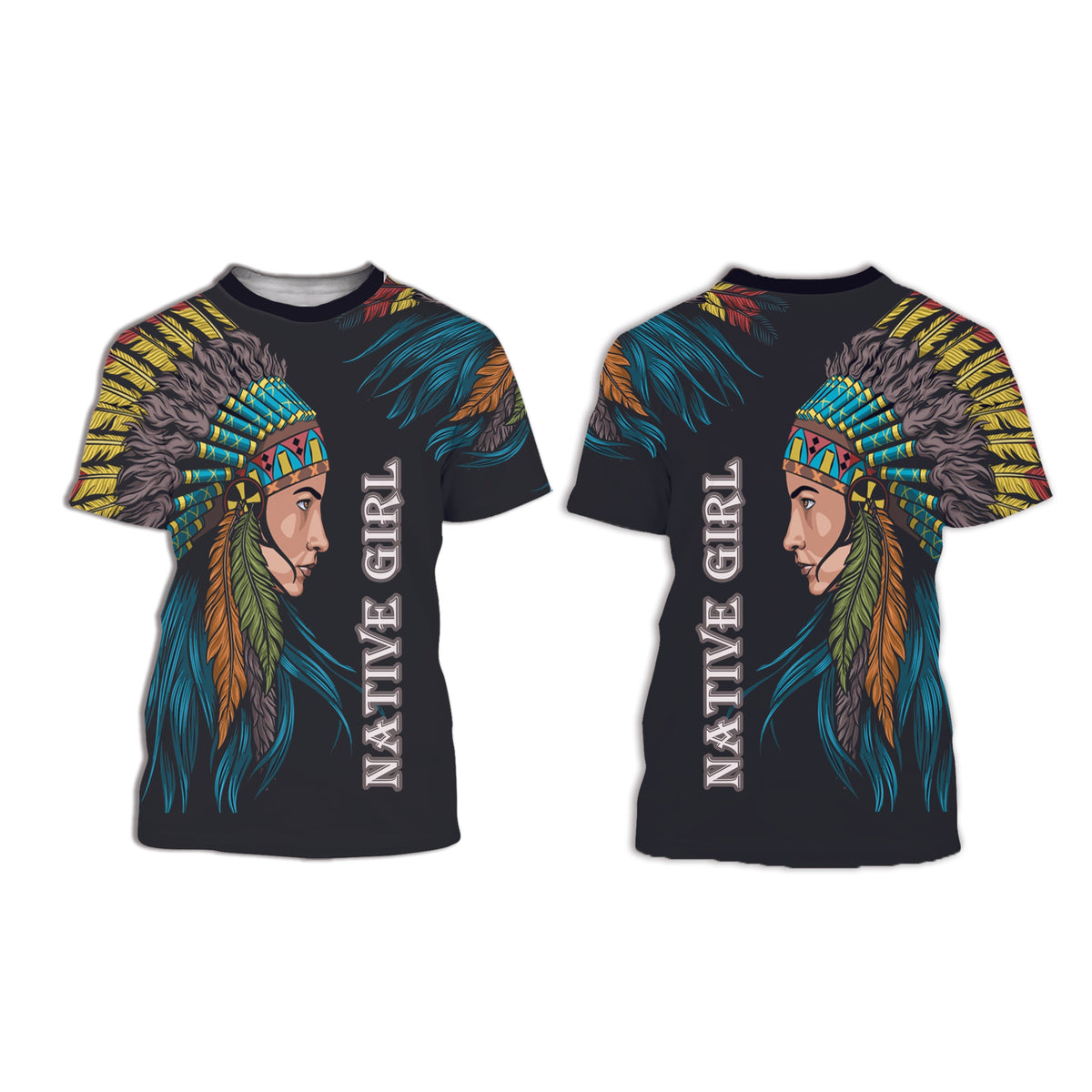 Dark kids T-shirt with 3D Native girl graphic, feathers, and vertical lettering