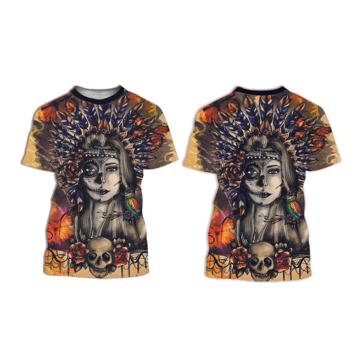 Kids multicolor graphic crew-neck T-shirt with Native woman portrait, feathers, and skull