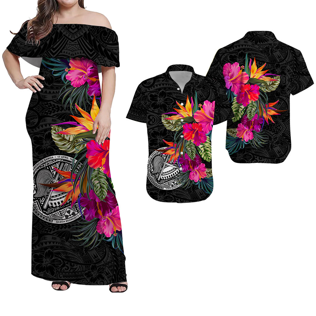 Off-shoulder hibiscus floral Polynesian maxi dress, black base, short sleeves