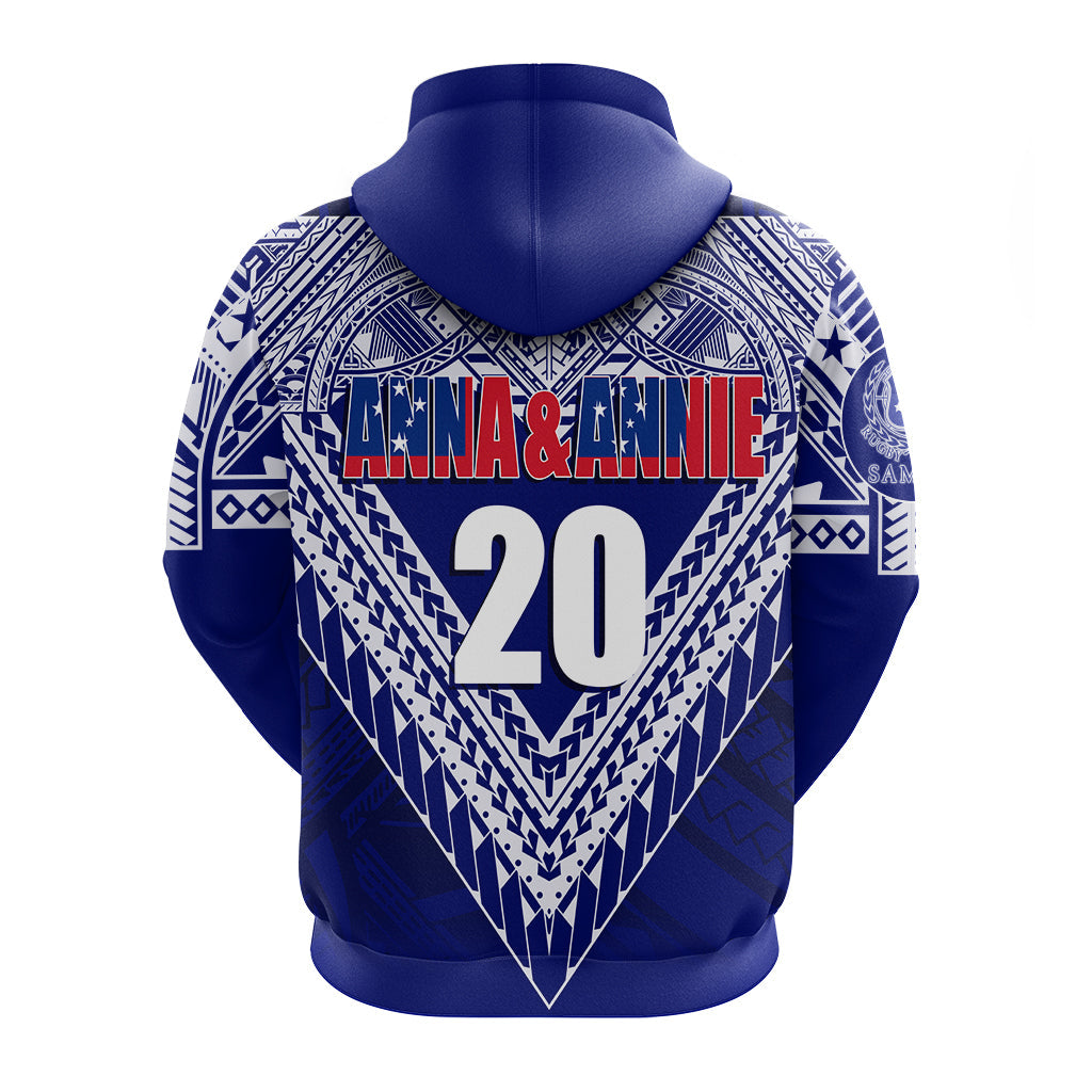 Blue back hoodie with ANNA&ANNIE and large 20 number, white tribal panel