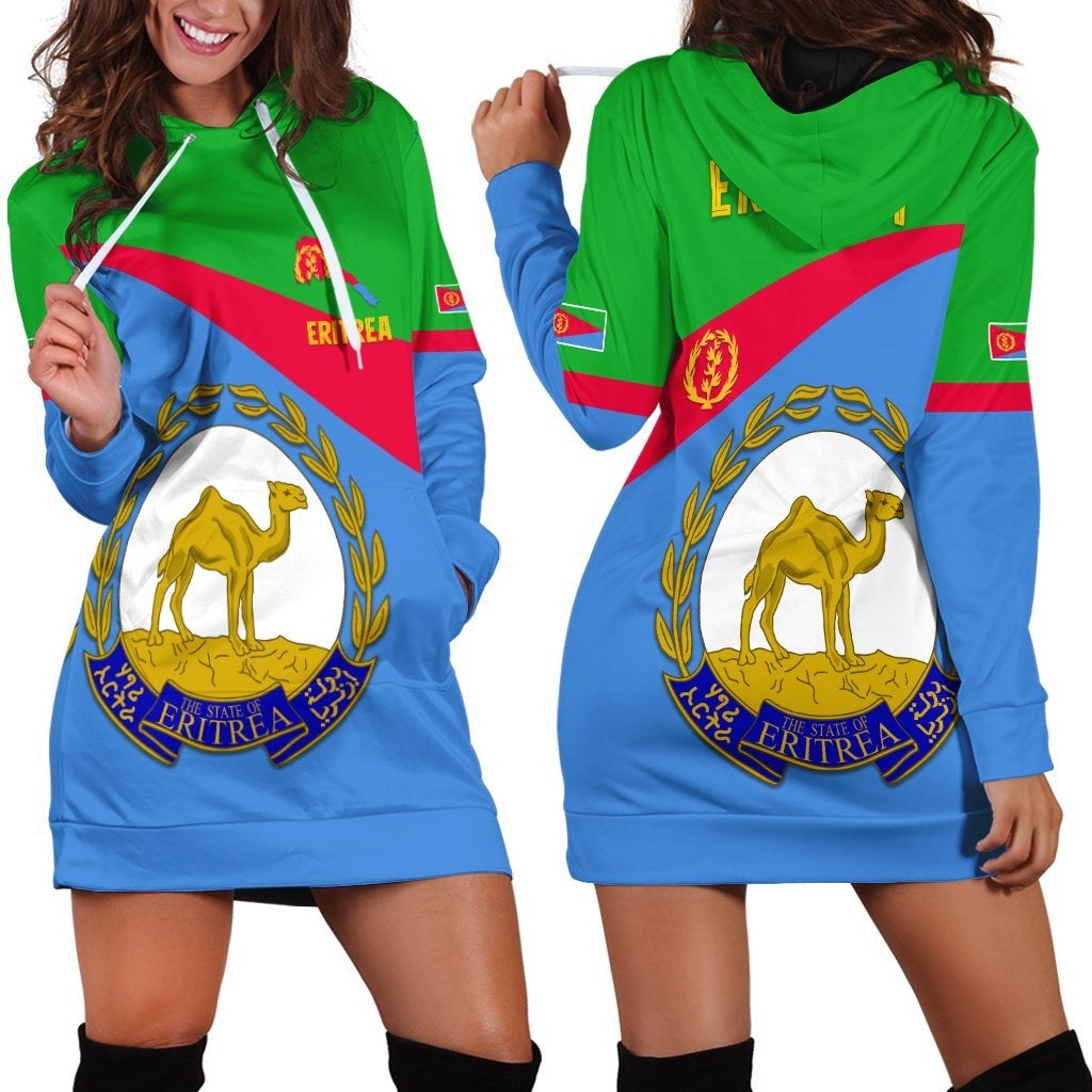 Eritrea flag hoodie dress, green hood with blue dress and camel crest front