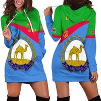 Eritrea flag hoodie dress, green hood with blue dress and camel crest front