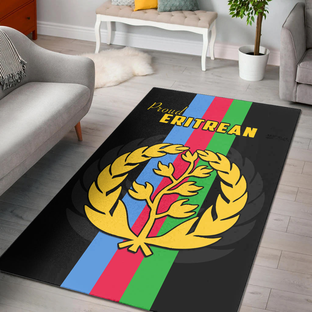Black area rug with Proud Eritrean text, lion graphic, and multicolor vertical stripes