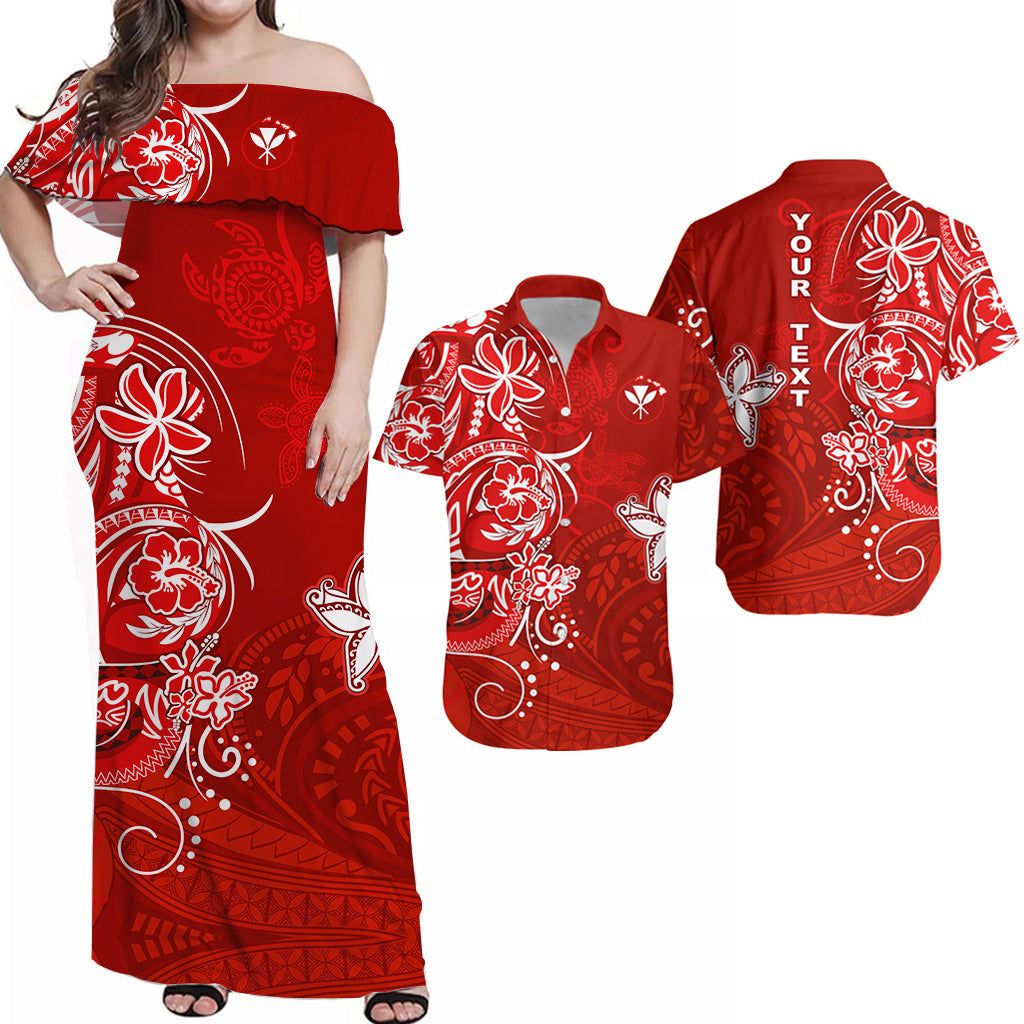 Red off-shoulder maxi dress with white floral and turtle honu print